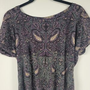 Lucky Brand Womens Large Purple Paisley Boho Dolman Sleeve High Low Top Blouse